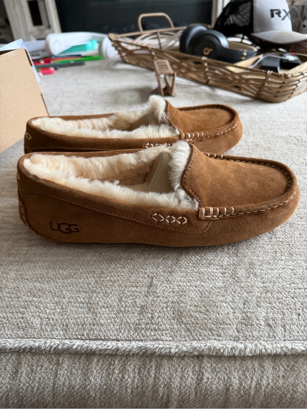 UGG Chestnut Suede Shearling-Lined Moccasin Slippers